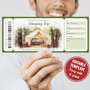 Bearbeitbare Glamping Trip Voucher-Vorlage, Aquarell Überraschung Reveal Ticket Glamping-Vorlage, sofortiger Download