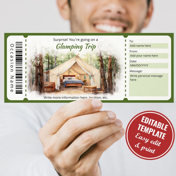 Editable Glamping Trip Voucher Template, Watercolor Surprise Reveal Ticket Glamping Template, Instant Download