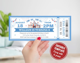 Blue Carnival Birthday Invitation Template, Editable Carnival Theme Party Invite, Boy Carnival Ticket Invitation, Circus Birthday Invitation