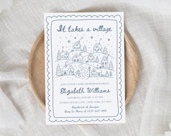 May include: A white rectangular baby shower invitation card with a scalloped border and dark blue line art featuring a winter village scene with houses, trees, a snowman, and the text It takes a village, Elizabeth Williams, and event details.