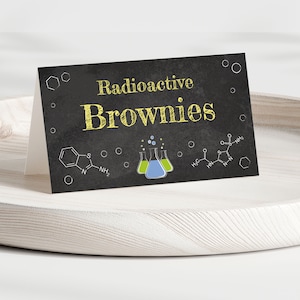 Modèle modifiable de tentes de nourriture de fête de la science, cartes de nourriture de buffet de fête à thème de la science pour le téléchargement immédiat, étiquettes d'aliments d'anniversaire de la science, S001