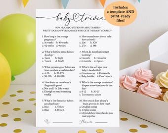 Modern Baby Trivia Game Template, Simple Editable Baby Shower Trivia Game with Answers, Fun Baby Shower Activity Quiz Digital Download M01