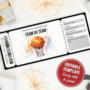 Überraschungs Basketball Spiel Ticket Vorlage, anpassbare und druckbare Basketball Geschenkgutschein für Basketball-Fan, Instant Download