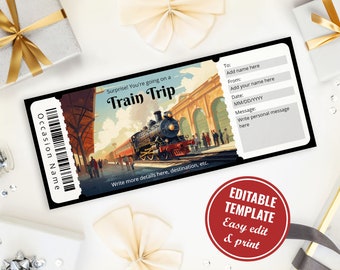 Editable Train Ticket Template, Retro Railway Ticket Surprise Gift Voucher Reveal Template, Vintage Train Ride Template, Digital Download