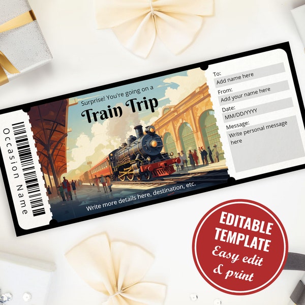 Editable Train Ticket Template, Retro Railway Ticket Surprise Gift Voucher Reveal Template, Vintage Train Ride Template, Digital Download