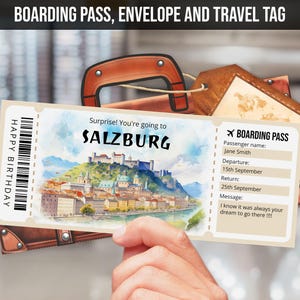 Modèle de billet cadeau voyage surprise Salzbourg, carte d'embarquement modifiable pour Salzbourg, voyage en Autriche, billet d'avion imprimable téléchargement immédiat