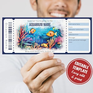 Bewerkbare sjabloon voor cadeaubon aquarel aquarium, Surprise Sea Aquarium Ticket Trip Reveal, Instant Download