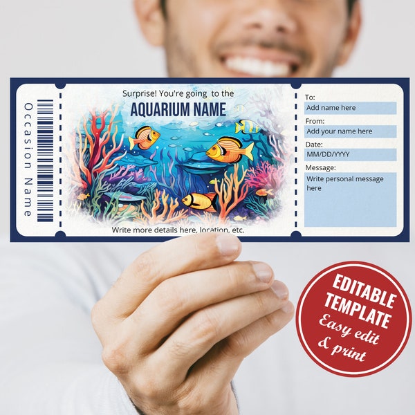 Editable Watercolor Aquarium Gift Certificate Template, Surprise Sea Aquarium Ticket Trip Reveal, Instant Download