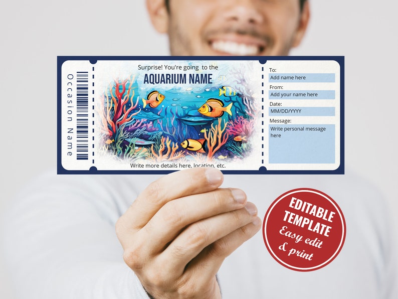 Editable Watercolor Aquarium Gift Certificate Template, Surprise Sea