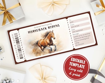 May include: A brown ticket with the text "Surprise! You're going HORSEBACK RIDING" and "HAPPY BIRTHDAY". The ticket has a barcode and a space for a message. The ticket has a watercolor illustration of a brown horse running.