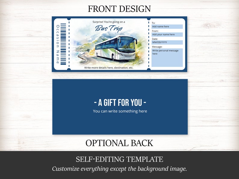 Editable Watercolor Bus Ticket Template, Coach Ticket Surprise Gift