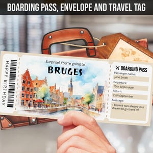 Modèle de billet cadeau voyage surprise à Bruges, carte d'embarquement personnalisée pour Bruges, aquarelle imprimable et modifiable billet d'avion téléchargement immédiat