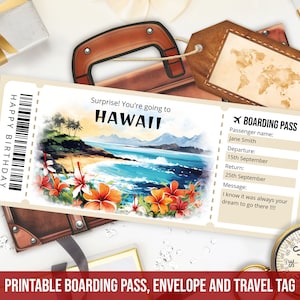 Plantilla de tarjeta de embarque editable para Hawái, plantilla de boleto de viaje a Hawái imprimible y personalizada con sobre, descarga instantánea