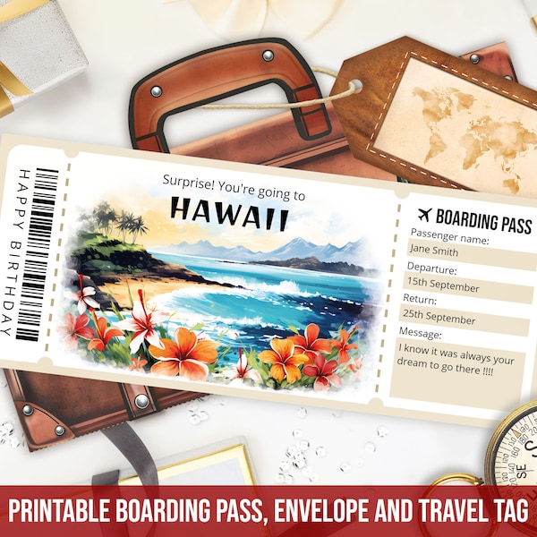 Editable Hawaii boarding pass template, Personalized Gift Printable Hawaii trip ticket template with envelope, Instant Download