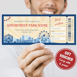 Bearbeitbarer Vergnügungspark-Geschenkgutschein zum sofortigen Download, druckbare Freizeitpark-Geschenkgutschein-Karte, Karneval-Überraschungsgeschenkgutschein