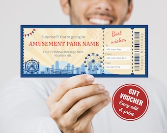 May include: A blue and red printable gift voucher for an amusement park. The voucher has a festive carnival theme with a Ferris wheel and roller coaster. The text reads "Surprise!!! You're going to [AMUSEMENT PARK NAME]" and "Best wishes".