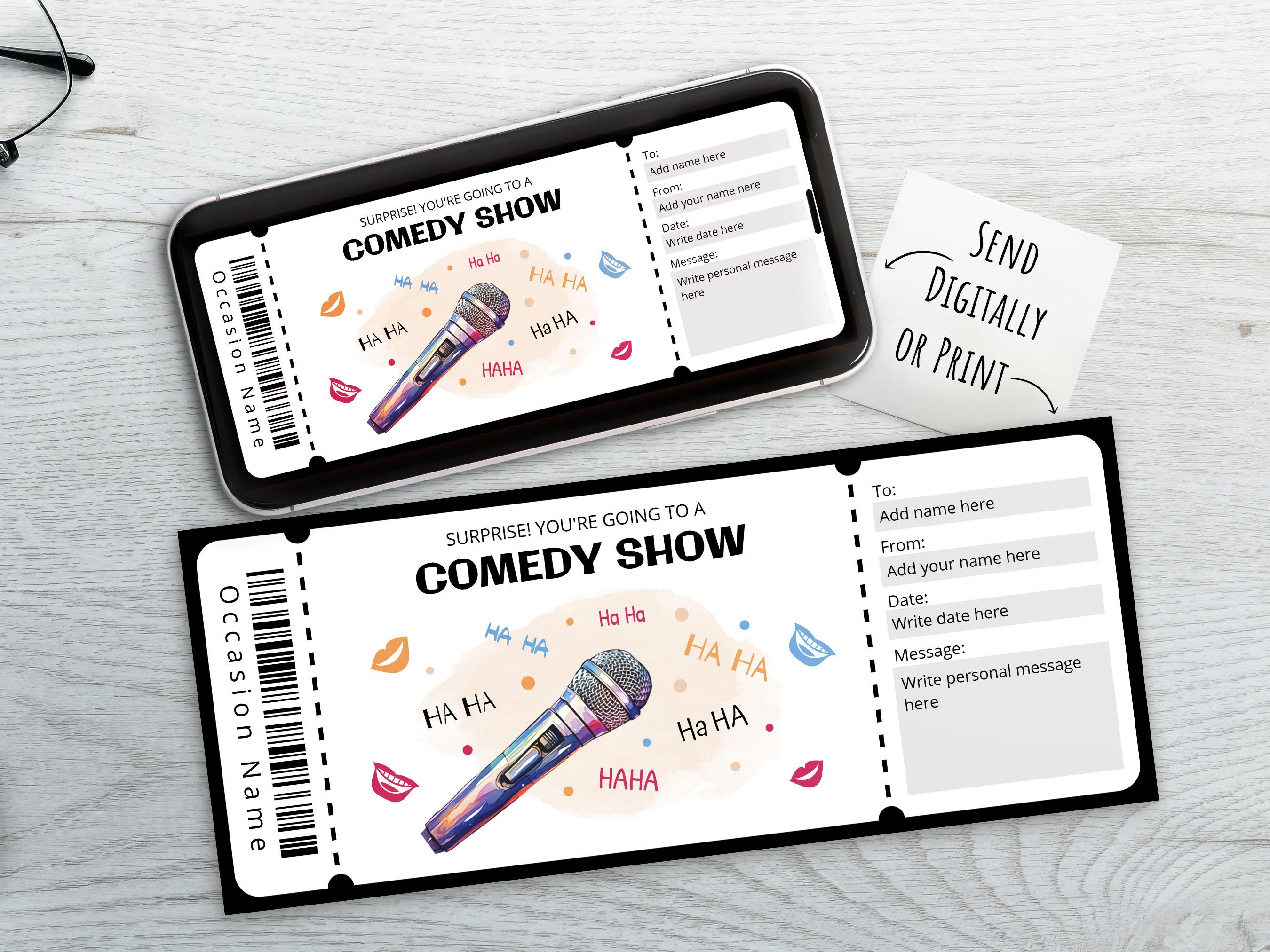 Funny Comedy Show Ticket Template for Comedy Lover, Editable Printable ...