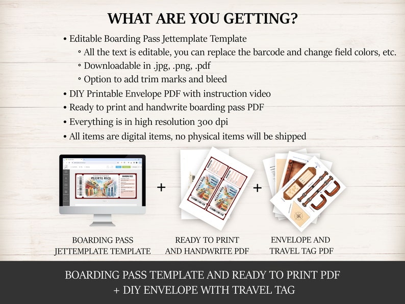Printable Puerto Rico Boarding Pass Template, Personalized Editable