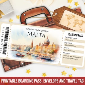 Modello modificabile di carta d'imbarco per Malta, modello di biglietto aereo a sorpresa per Malta personalizzato stampabile con busta, download immediato