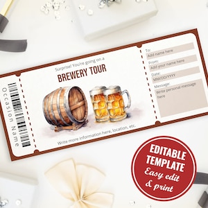 Op de afbeelding: Een afdrukbare brouwerijtour-tickettemplate met een bruine achtergrond en een aquarel-illustratie van een bierton en twee bierglazen. Het ticket heeft velden voor de gelegenheid, aan, van, datum en bericht.