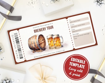 Editable Watercolor Brewery Tour Gift Voucher Template, Beer Tasting Ticket Gift Certificate, Instant Download