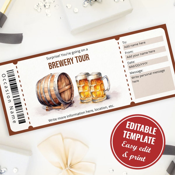 Editable Watercolor Brewery Tour Gift Voucher Template, Beer Tasting Ticket Gift Certificate, Instant Download