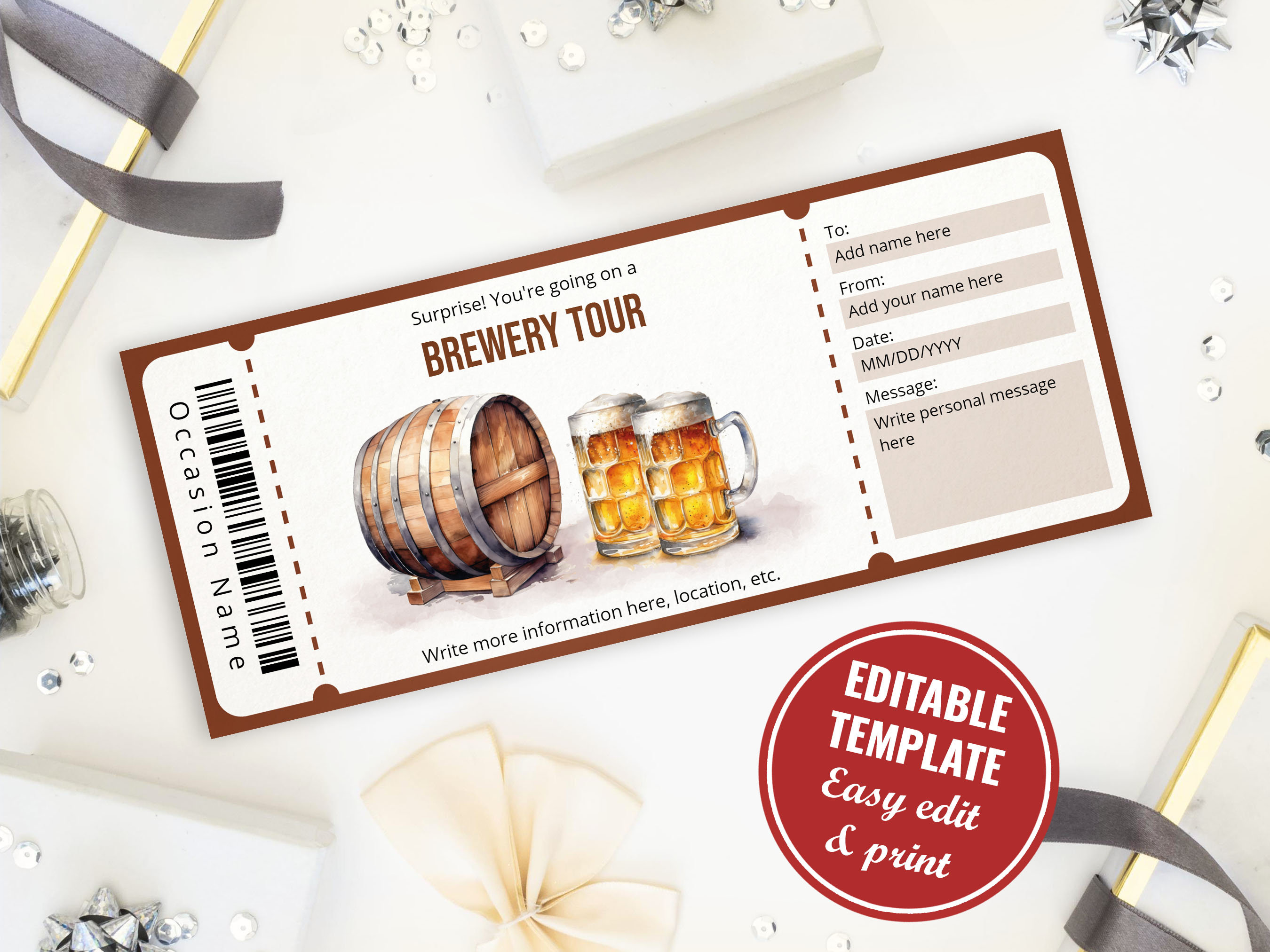 Editable Watercolor Brewery Tour Gift Voucher Template, Beer Tasting