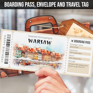 Modèle modifiable de carte d'embarquement pour Varsovie, billet de révélation de voyage surprise aquarelle numérique imprimable en Pologne, billet d'avion pour Varsovie, impression à la maison