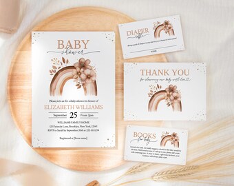 Simple Boho Rainbow Baby Shower Invitation Bundle Template, Editable Gender Neutral Baby Shower Invite Set, Diaper Raffle, Books for Baby