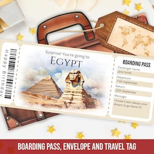 Plantilla editable de tarjeta de embarque de Egipto Plantilla de boleto de avión de viaje sorpresa imprimible con sobre Regalo personalizado Descarga instantánea