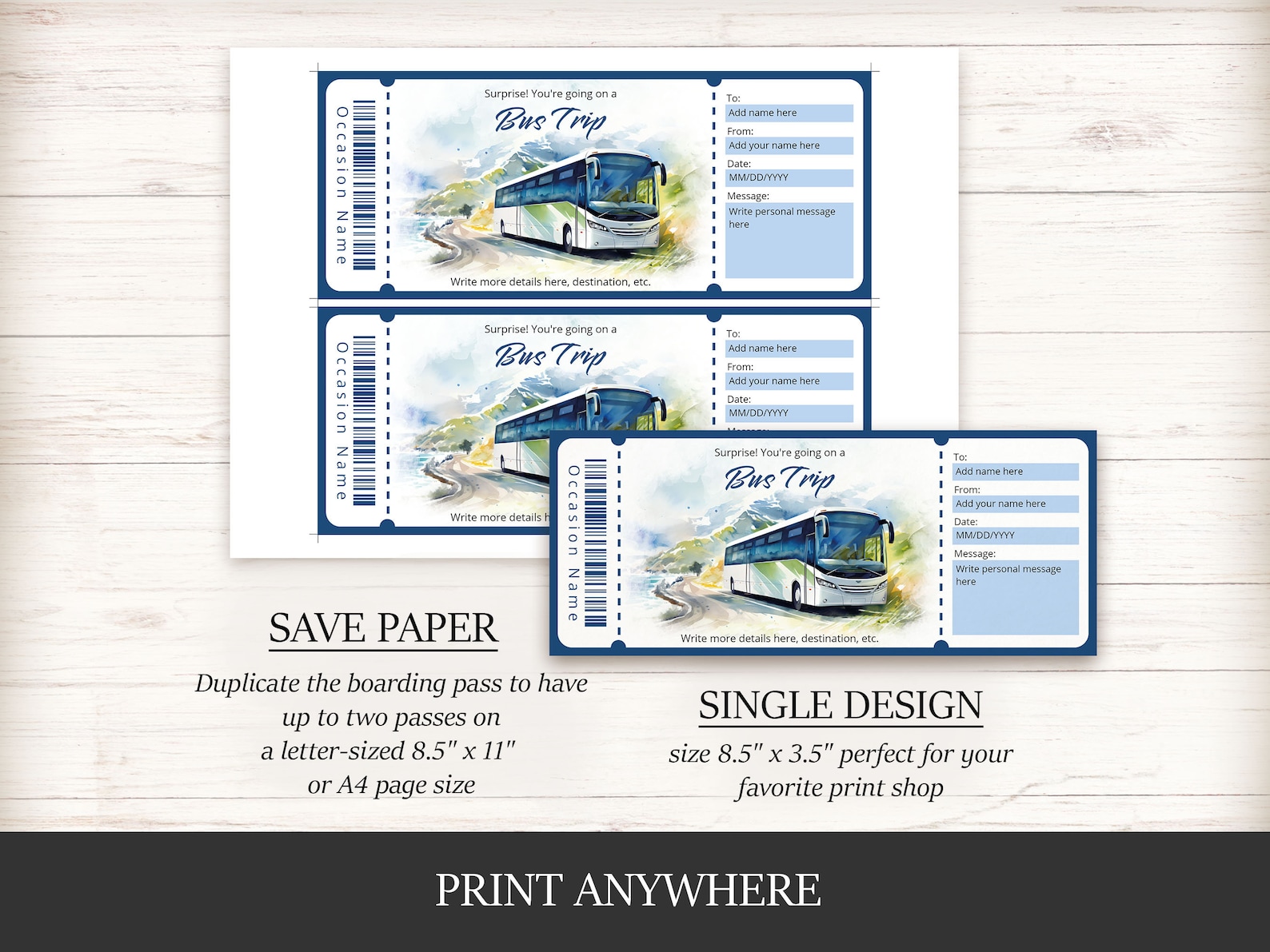 Editable Watercolor Bus Ticket Template, Coach Ticket Surprise Gift ...