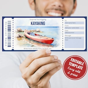 Kayaking Ticket Voucher Template for Water Sports Lover, Editable Watercolor Surprise Kayaking Trip Reveal, Instant Download