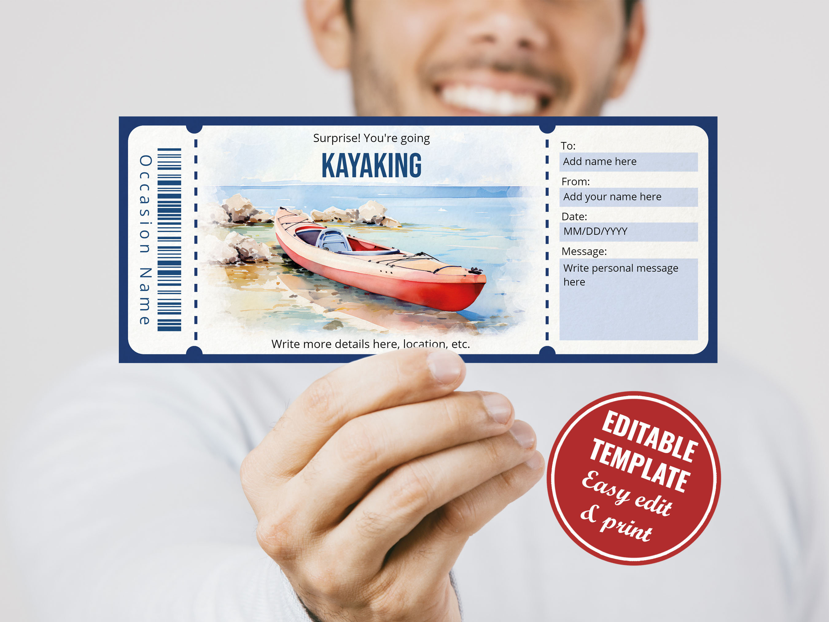 Kayaking Card Kayaking Ticket Voucher Template for Water Sports Lover, Editable ...
