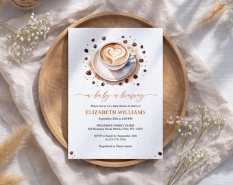 A Baby Is Brewing Baby Shower Invitation Template, Editable Simple Coffee Theme Baby Shower Invite, Cafe Bebe Baby Brunch Invite C01