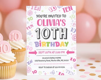 10th Birthday Invitation Girl, Editable Pink 10th Birthday Invitation Template 5x7, 10 Year Old Girl Birthday Party Instant Download