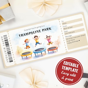 Editable Trampoline Park Ticket Template, Printable Jump Park Gift Voucher, Surprise Bounce Park Gift Certificate Digital Download