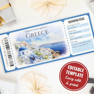 Modèle modifiable de carte d'embarquement pour la Grèce, modèle de billet de révélation de voyage surprise aquarelle en Grèce, faux billet d'avion pour la Grèce, téléchargement immédiat
