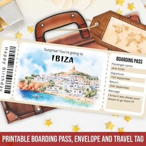 Druckbare Ibiza Bordkarte Vorlage, personalisierte bearbeitbare Überraschung Ibiza Flugticketvorlage mit Umschlag, Instant Download