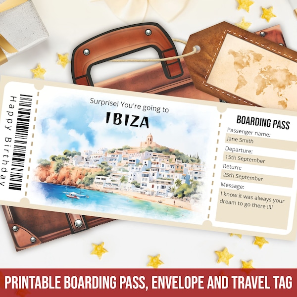 Printable Ibiza boarding pass template, Personalized Editable Surprise Ibiza plane ticket template with envelope, Instant Download