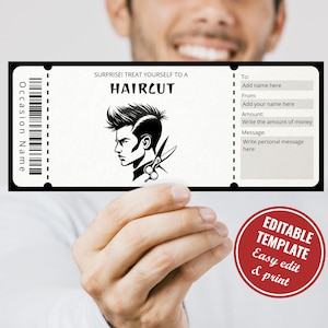 Bewerkbare Barber Voucher Template Uniek cadeau voor hem Afdrukbaar kapsel Cadeaubon voor mannen Surprise Barber Shop cadeau direct downloaden
