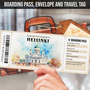 Modèle de billet cadeau voyage surprise à Helsinki, carte d'embarquement HELSINKI modifiable, billet d'avion pour la Finlande imprimable téléchargement immédiat