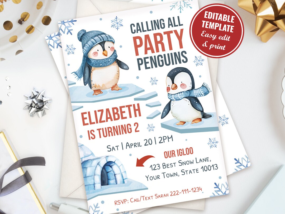 Editable Penguin Birthday Invitation Template, Winter Party Cute ...