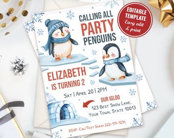 Editable Penguin Birthday Invitation Template, Winter Party Cute Penguin Arctic Animals Printable Invitation Digital Instant Download