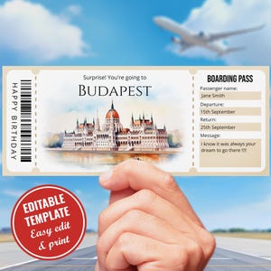 Modello modificabile di carta d'imbarco di Budapest, modello di biglietto di viaggio con sorpresa acquerello in Ungheria, biglietto falso di Budapest, download immediato