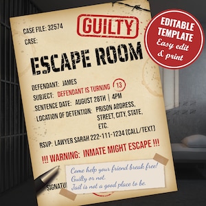 Jail Breakout Escape Room Birthday Invitation, Editable Prison breakout Escape Room Invitation party, Printable Instant Download, A004