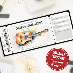 Bewerkbare aquarel klassieke gitaarlessen cadeaubonsjabloon voor gitaarliefhebbers, direct downloaden