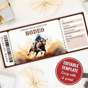 Plantilla de boleto de rodeo de toros sorpresa, certificado de regalo de monta de toros personalizable e imprimible para fanáticos del rodeo, descarga instantánea