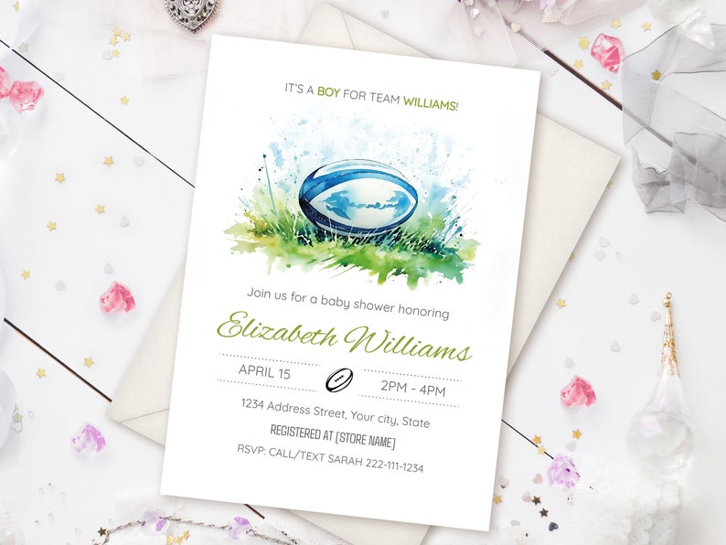 Editable Rugby Baby Shower Invitation Template, Elegant Watercolor ...
