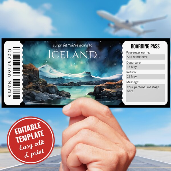 Editable Iceland Boarding Pass template, Surprise Printable Watercolor Iceland Plane Ticket, Reykjavík ticket, Instant Download