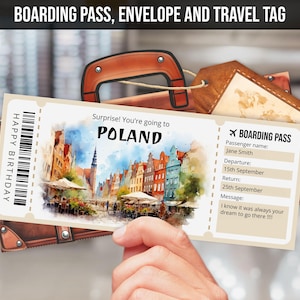 Carte d'embarquement pour la Pologne - modèle de billet cadeau pour un voyage surprise en Pologne - aquarelle imprimable et modifiable billet d'avion, téléchargement immédiat